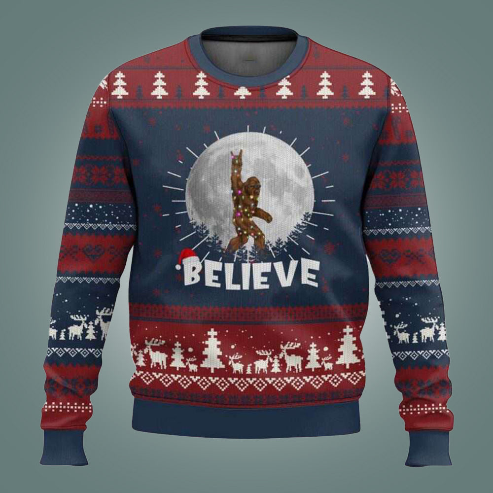 Bigfoot Cool Moon Believe Ugly Christmas Sweater