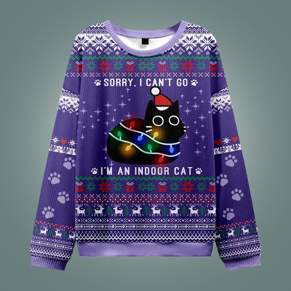 Black Cat Sorry I Can't Go I'm An Indoor Cat Ugly Christmas Sweater