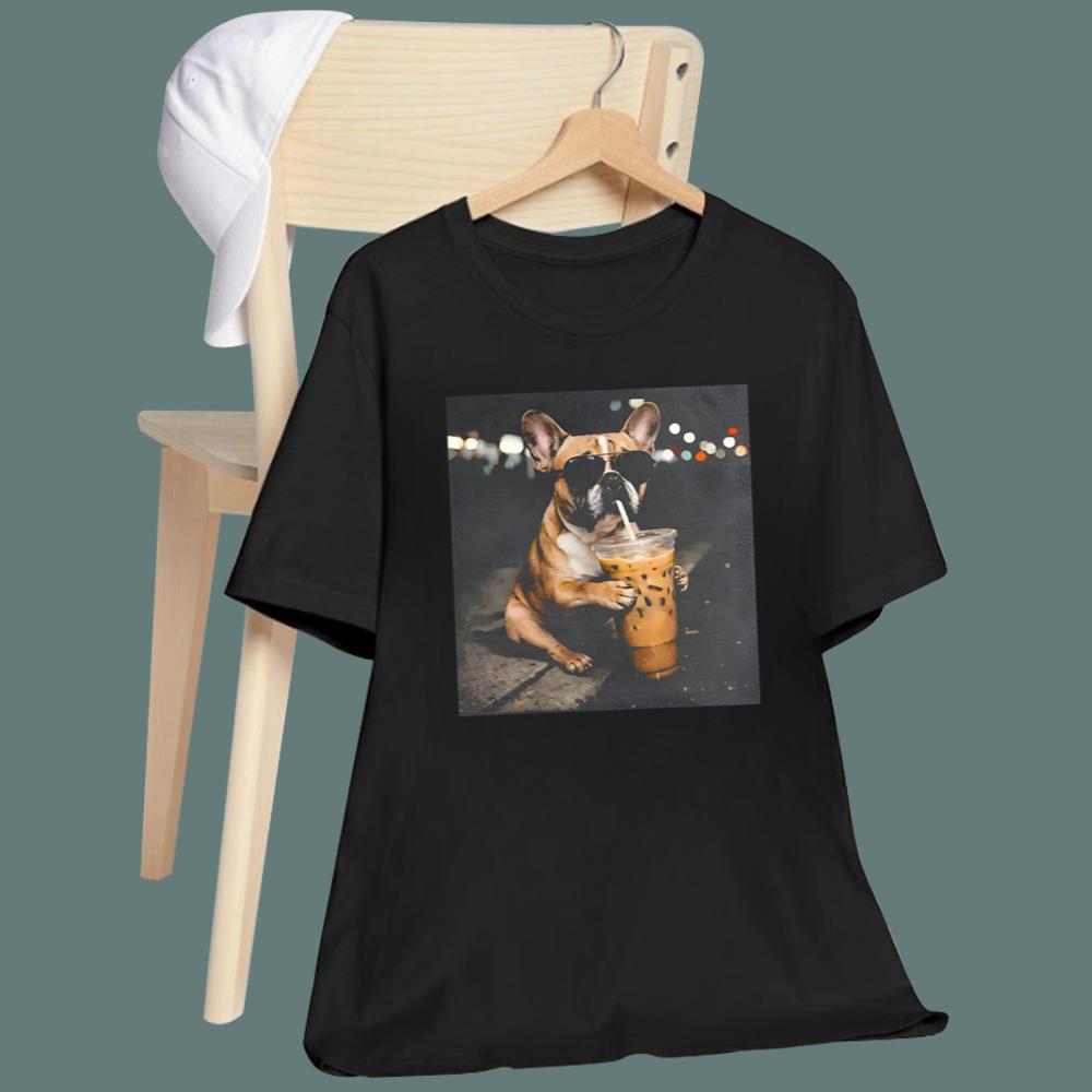 Funny French Bulldog Drinking Iced Coffee T-Shirt