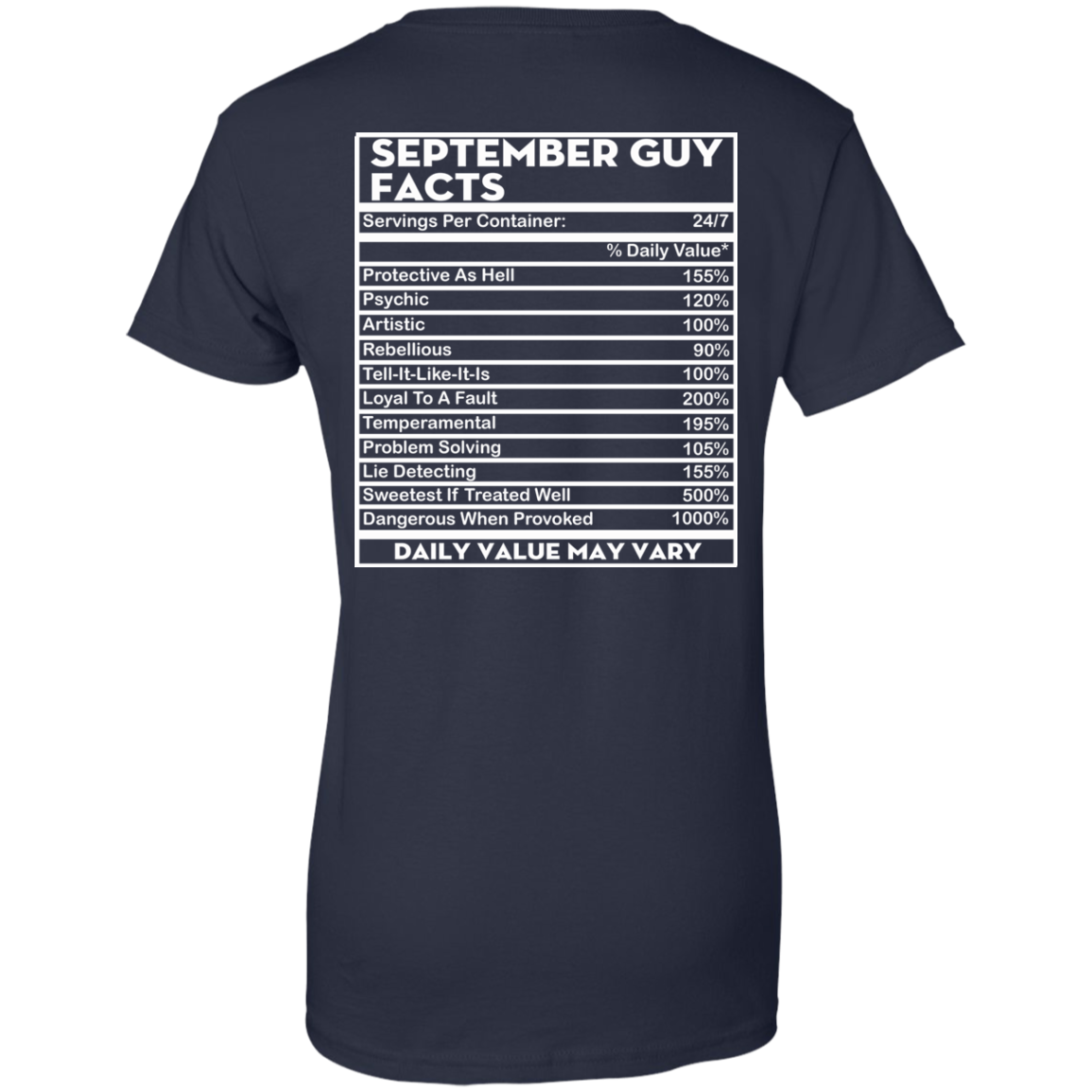 September Guy Facts - Servings Per Container 24/7 Shirt - Back Design - TeeDragons