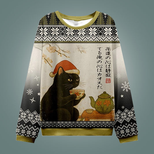 Black Cat Drink Tea Ugly Christmas Sweater