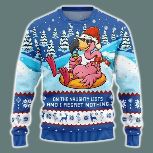 Flamingo On The Naughty Lists And I Regret Nothing Ugly Christmas Sweater