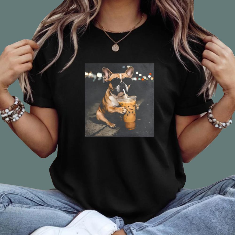 Funny French Bulldog Drinking Iced Coffee T-Shirt