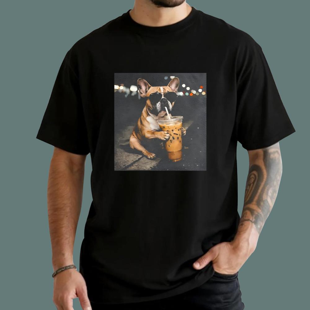 Funny French Bulldog Drinking Iced Coffee T-Shirt