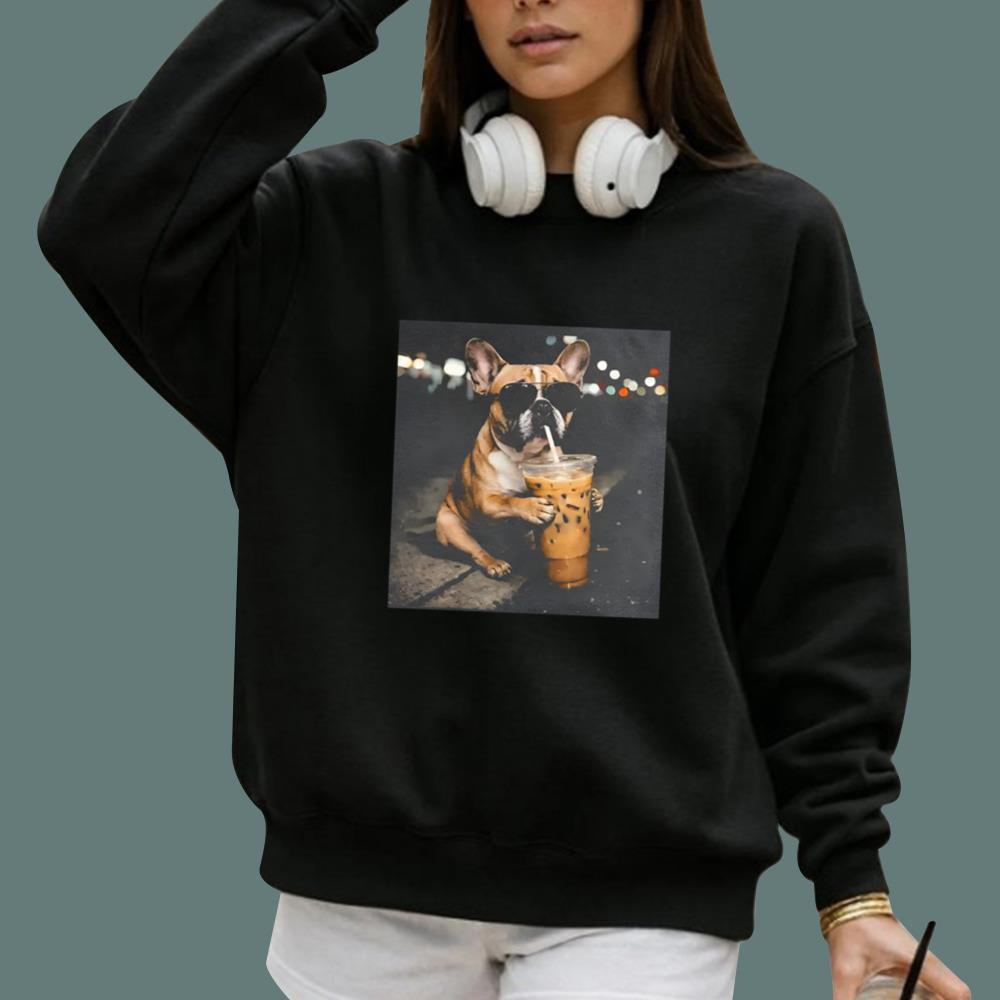 Funny French Bulldog Drinking Iced Coffee T-Shirt