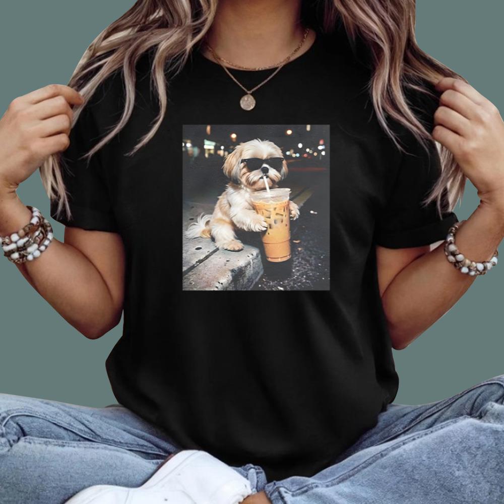 Funny Shih Tzu Drinking Iced Coffee T-Shirt