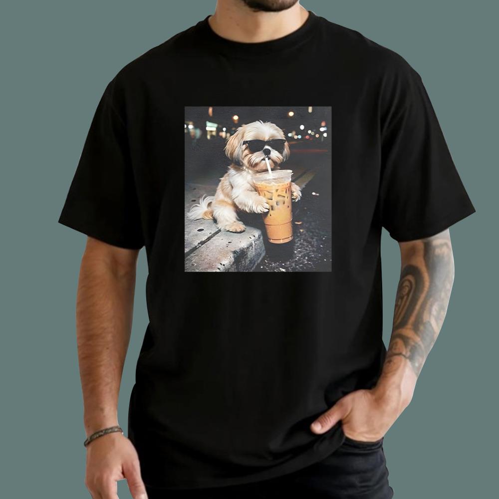 Funny Shih Tzu Drinking Iced Coffee T-Shirt