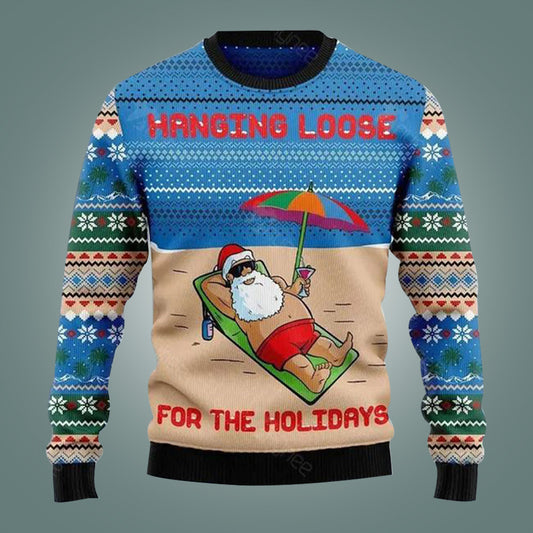 Hang Loose For The Holidays Santa Ugly Christmas Sweater