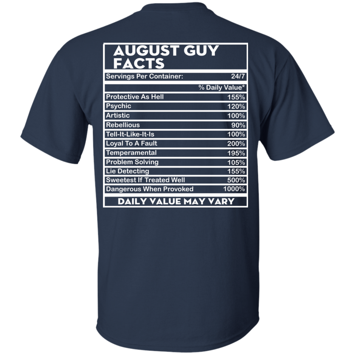 August Guy Facts - Servings Per Container 24/7 Shirt - Back Design - TeeDragons