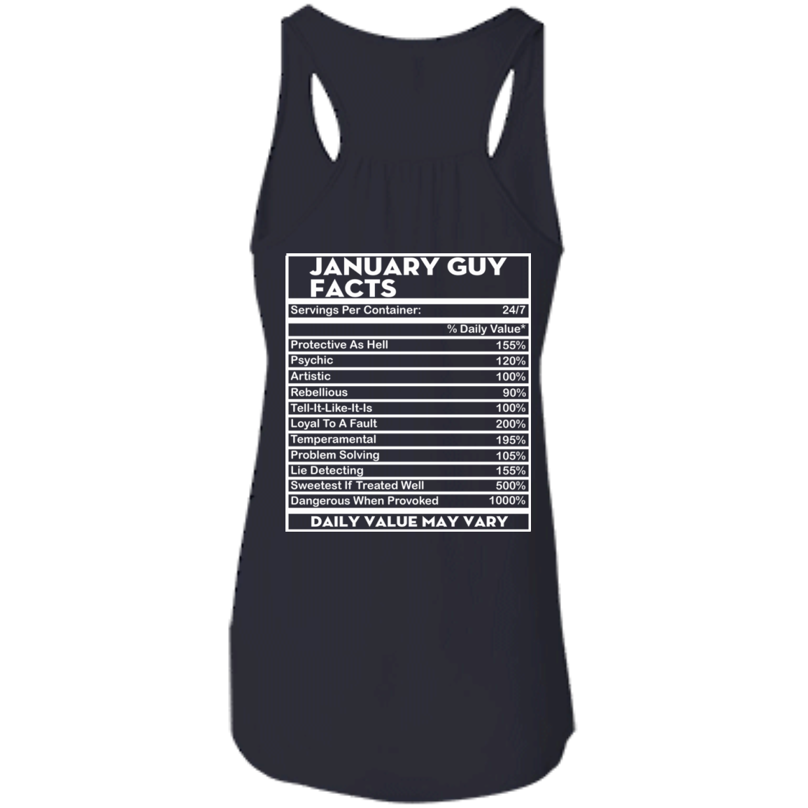 January Guy Facts - Servings Per Container 24/7 Shirt - Back Design - TeeDragons