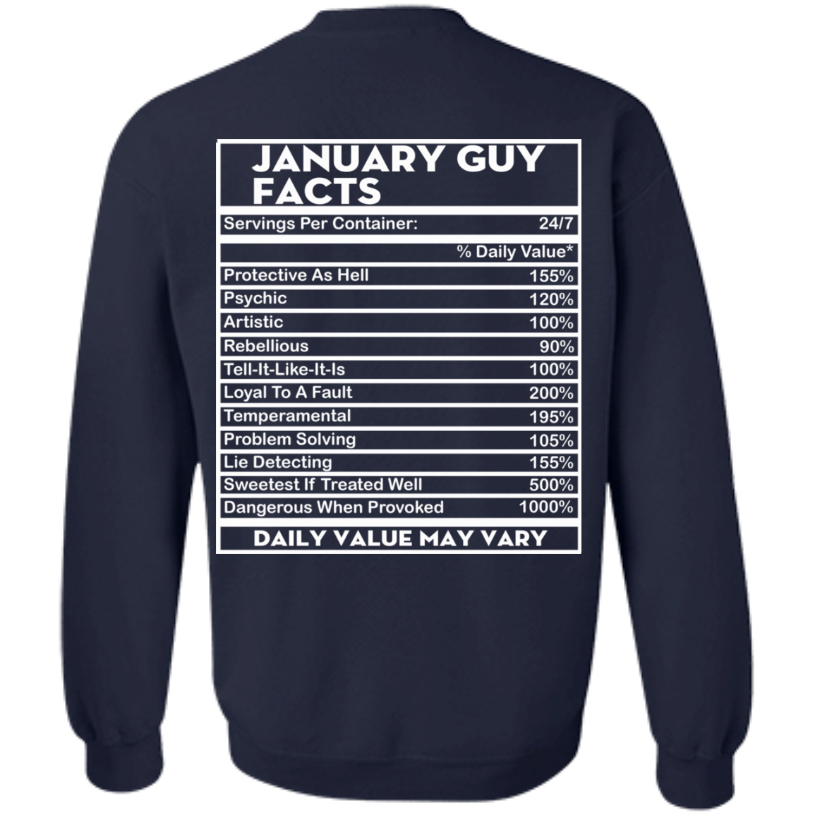 January Guy Facts - Servings Per Container 24/7 Shirt - Back Design - TeeDragons