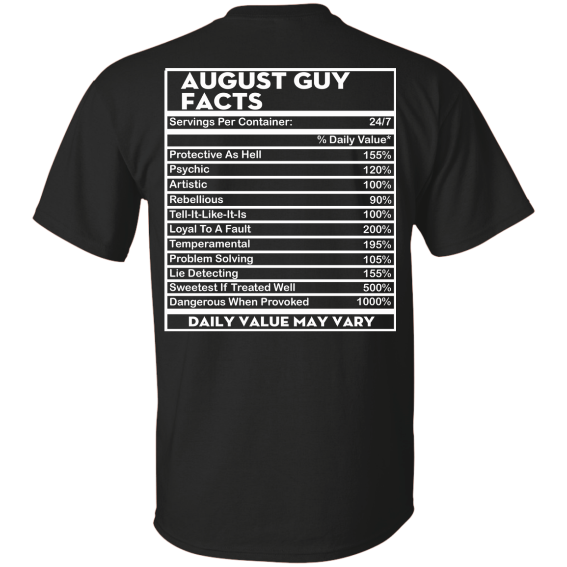 August Guy Facts - Servings Per Container 24/7 Shirt - Back Design - TeeDragons