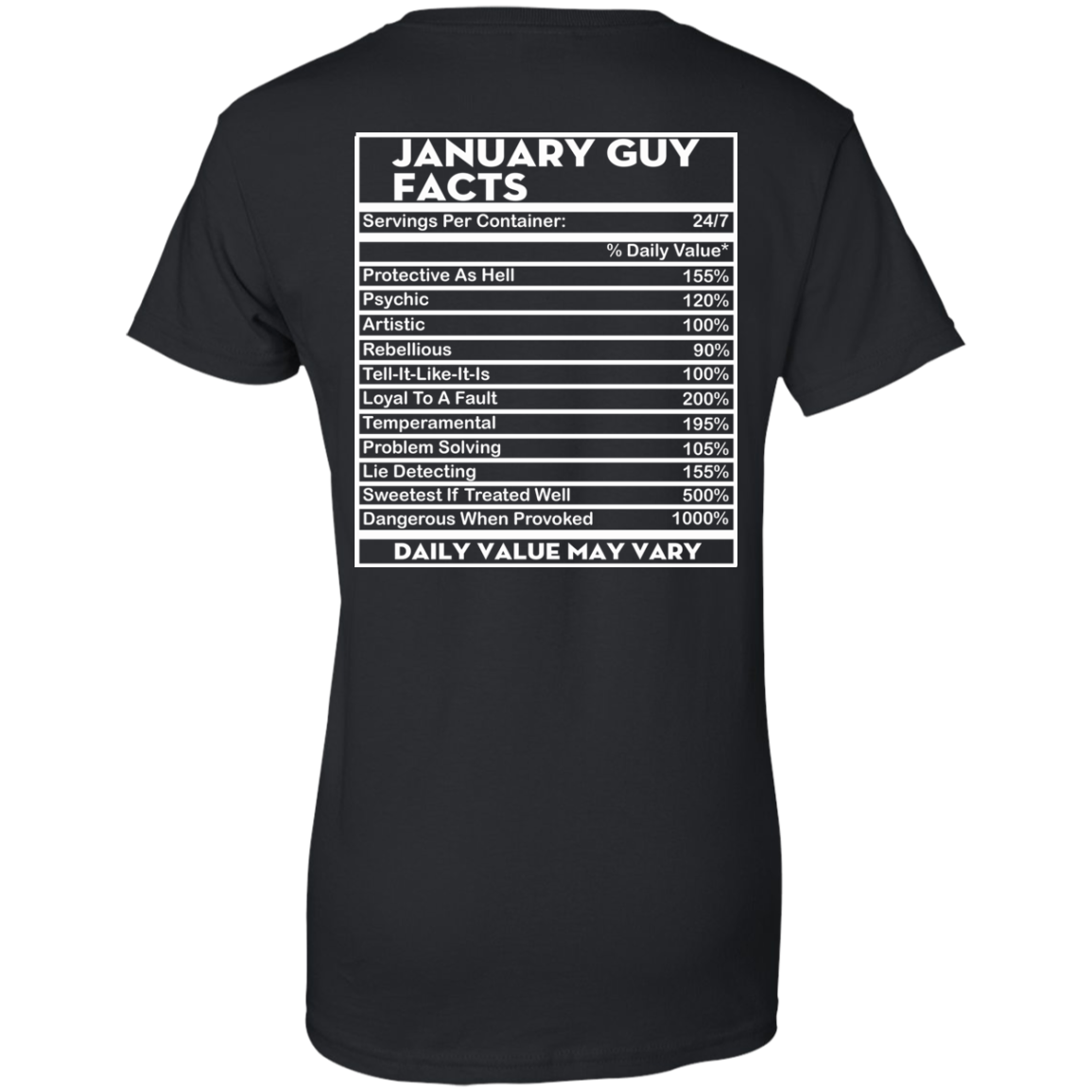 January Guy Facts - Servings Per Container 24/7 Shirt - Back Design - TeeDragons