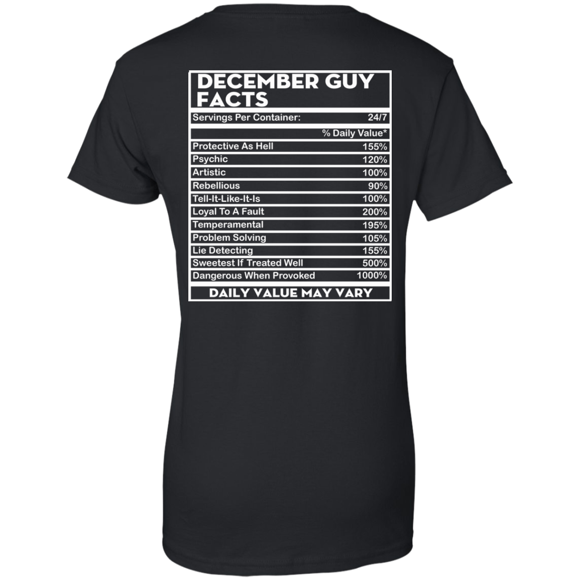 December Guy Facts - Servings Per Container 24/7 Shirt - Back Design - TeeDragons