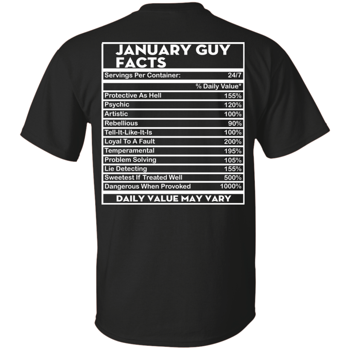January Guy Facts - Servings Per Container 24/7 Shirt - Back Design - TeeDragons
