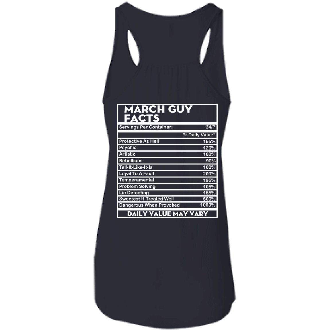March Guy Facts - Servings Per Container 24/7 Shirt - Back Design - TeeDragons