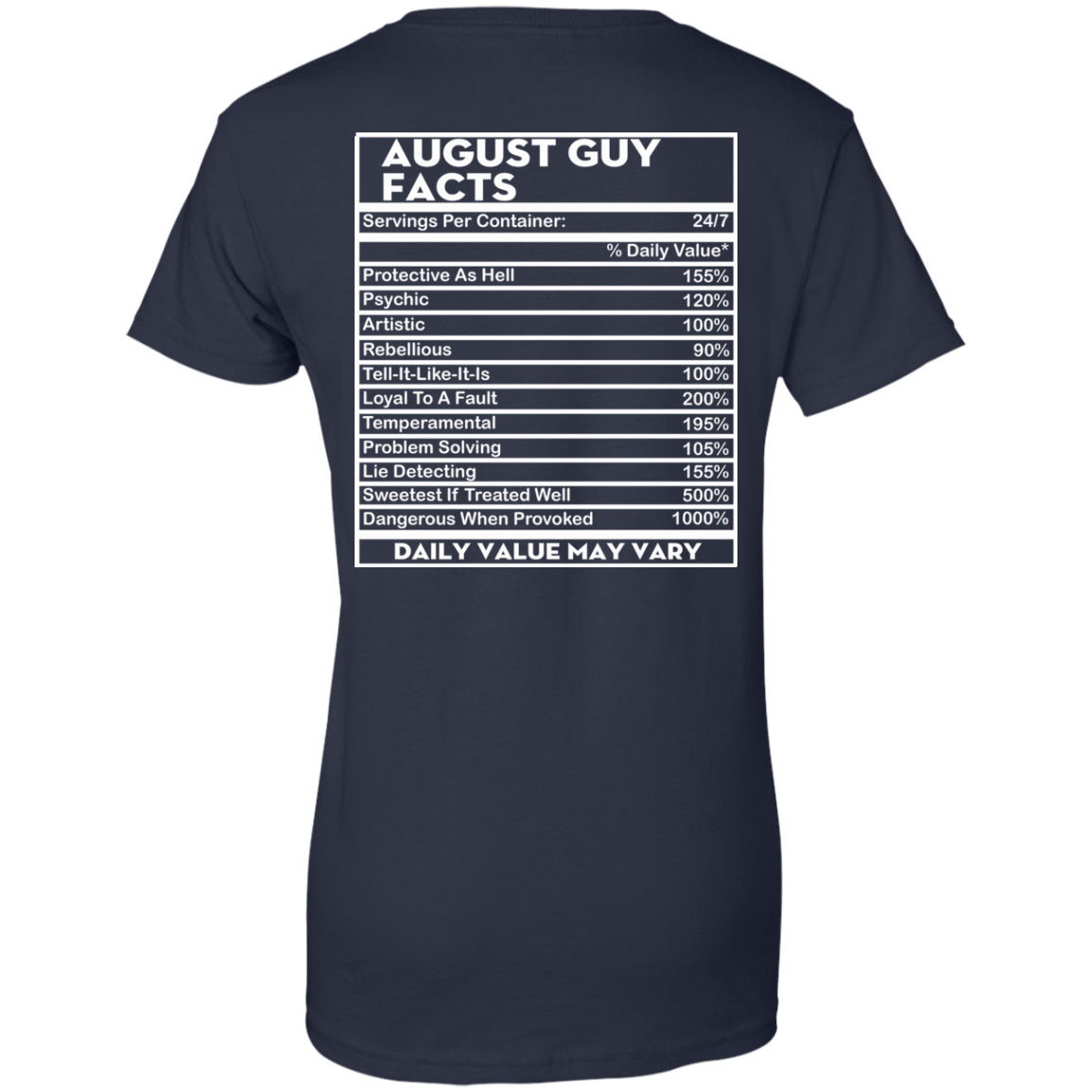 August Guy Facts - Servings Per Container 24/7 Shirt - Back Design - TeeDragons