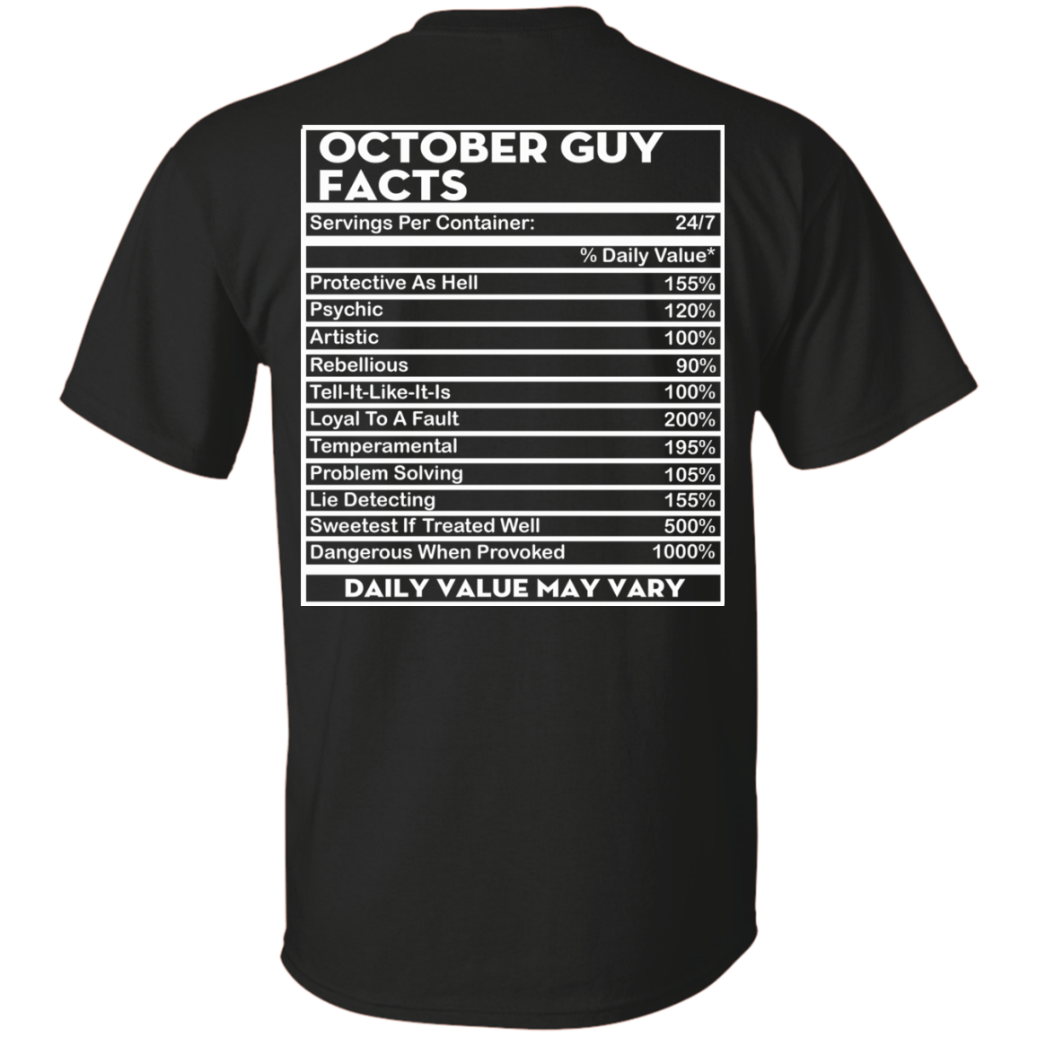 October Guy Facts - Servings Per Container 24/7 Shirt - Back Design - TeeDragons