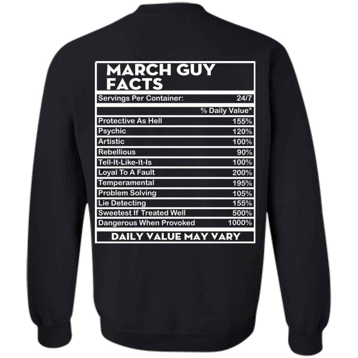 March Guy Facts - Servings Per Container 24/7 Shirt - Back Design - TeeDragons