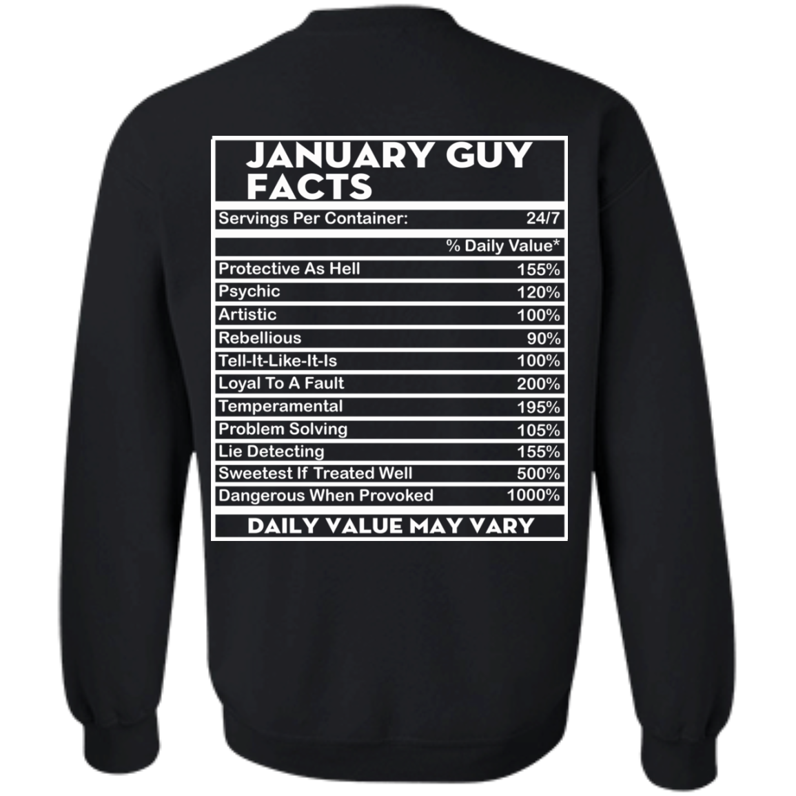 January Guy Facts - Servings Per Container 24/7 Shirt - Back Design - TeeDragons
