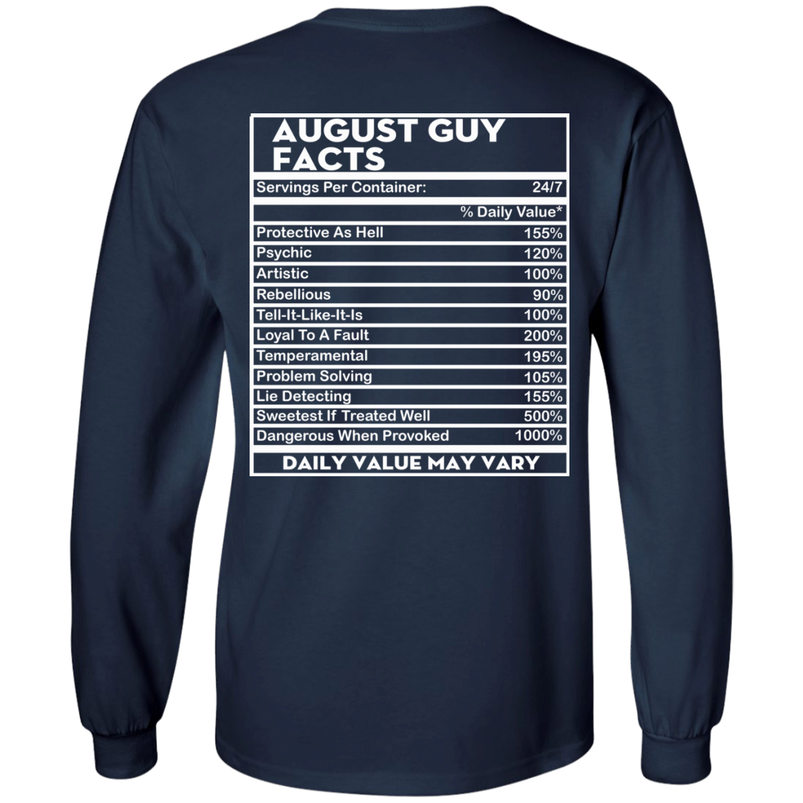 August Guy Facts - Servings Per Container 24/7 Shirt - Back Design - TeeDragons