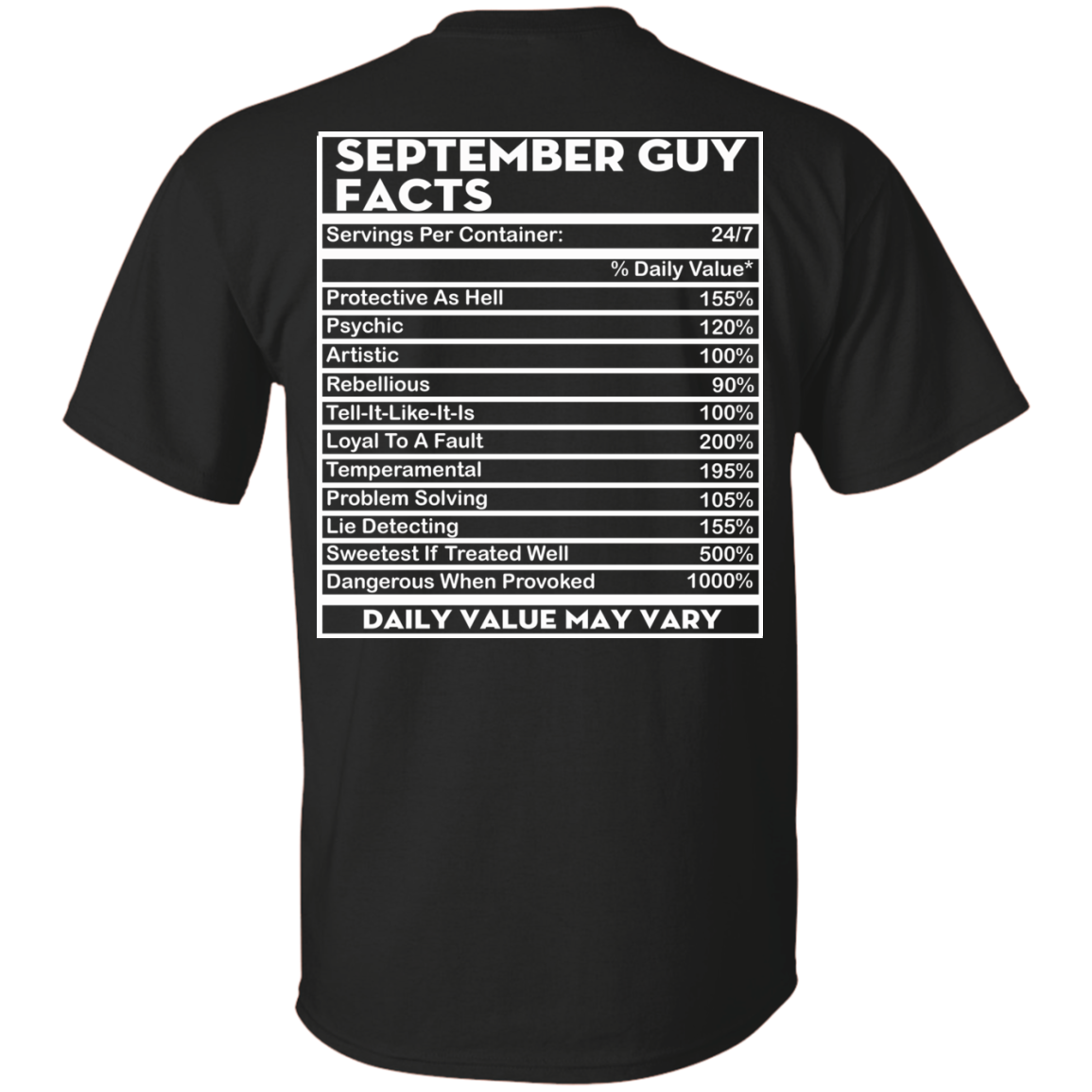 September Guy Facts - Servings Per Container 24/7 Shirt - Back Design - TeeDragons
