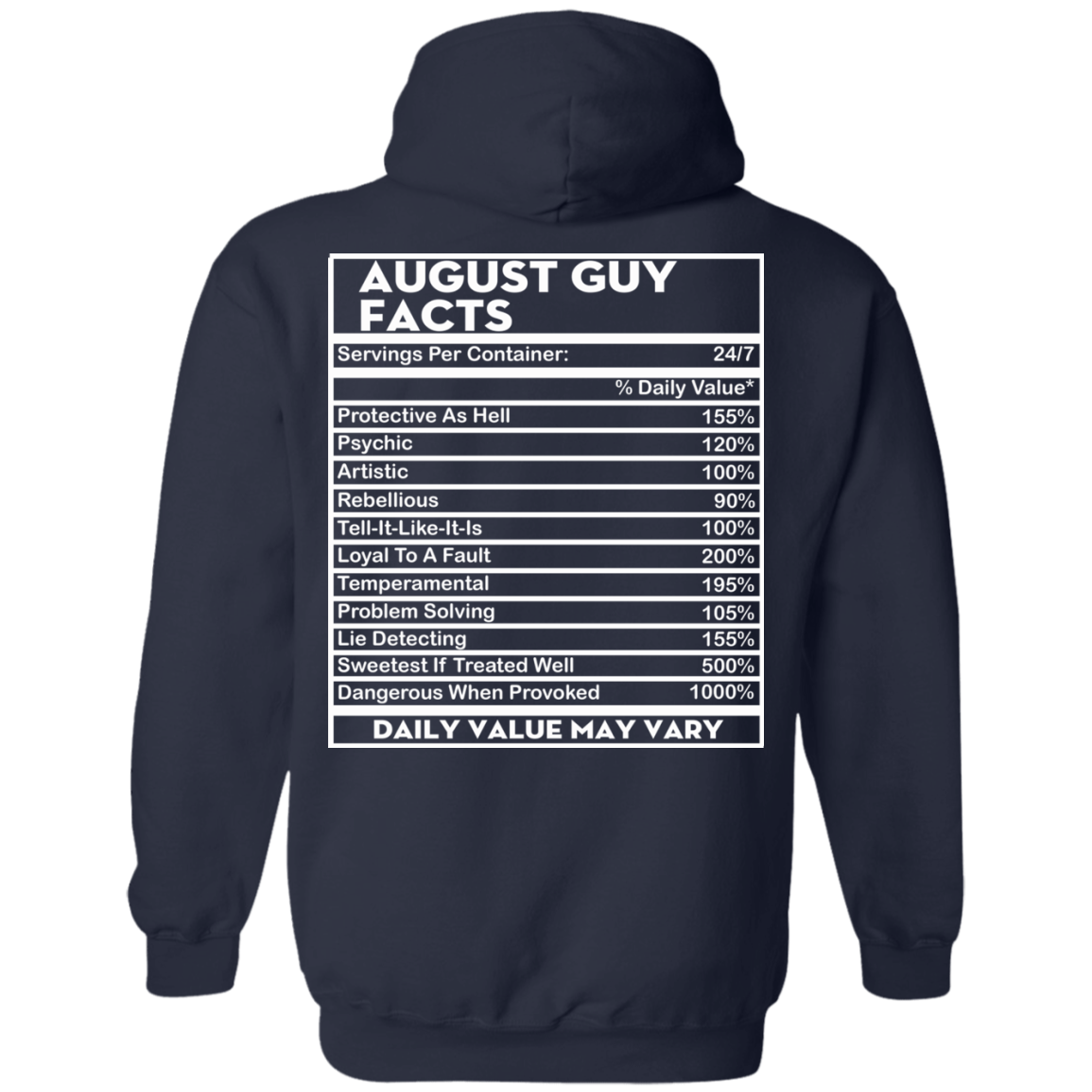 August Guy Facts - Servings Per Container 24/7 Shirt - Back Design - TeeDragons