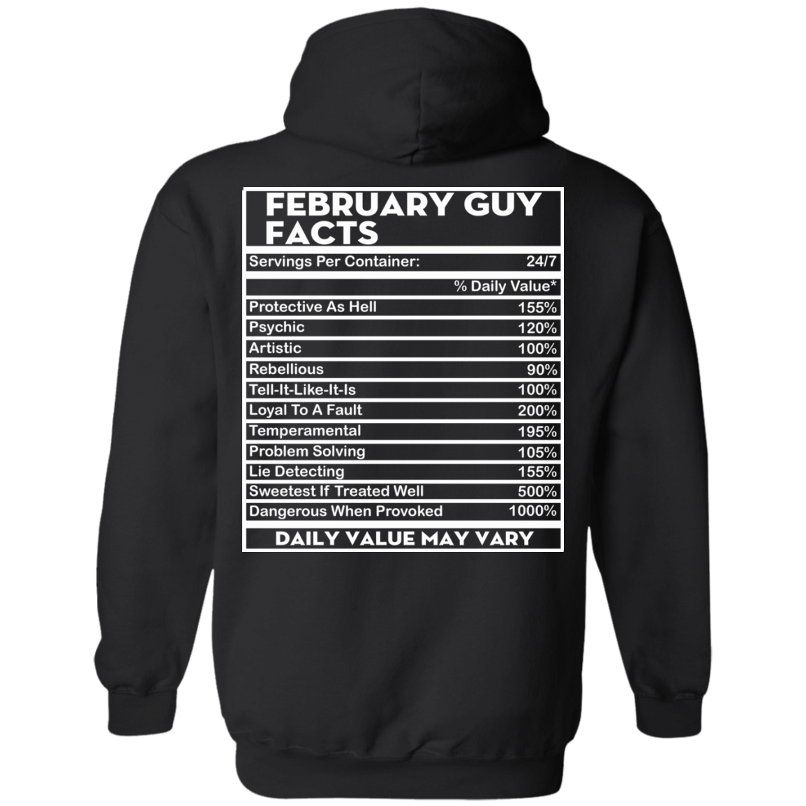 February Guy Facts - Servings Per Container 24/7 Shirt - Back Design - TeeDragons