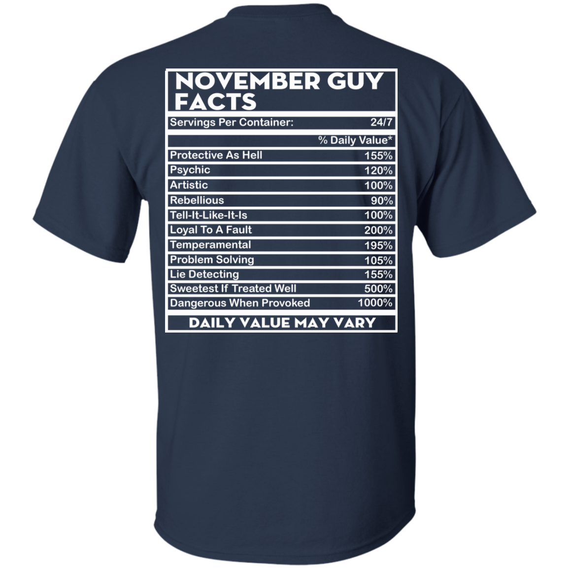 November Guy Facts - Servings Per Container 24/7 Shirt - Back Design - TeeDragons