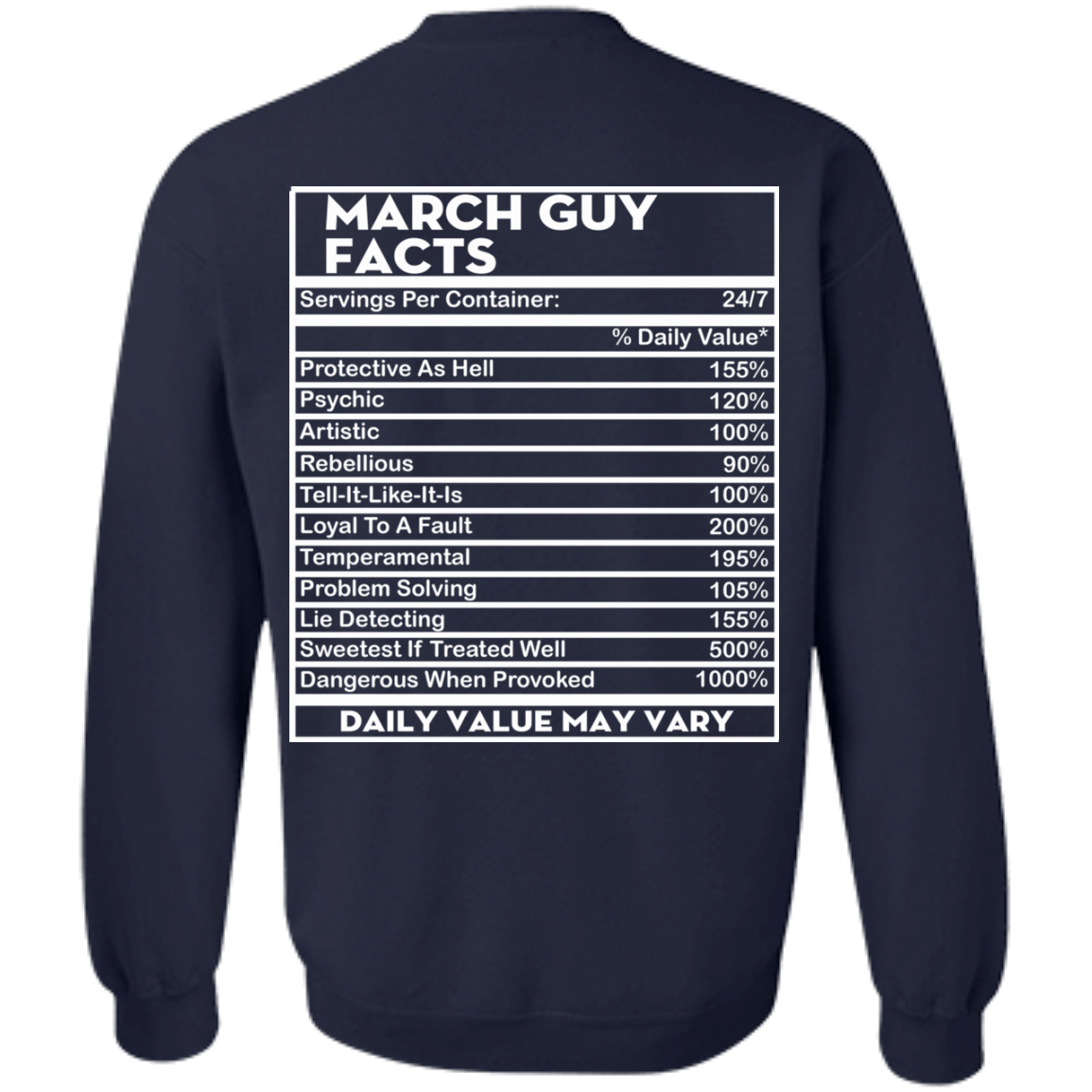 March Guy Facts - Servings Per Container 24/7 Shirt - Back Design - TeeDragons