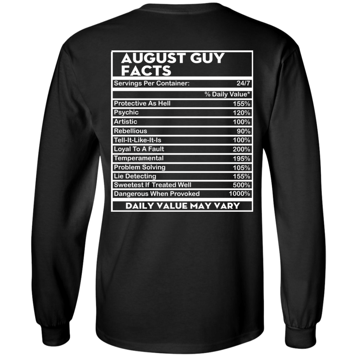 August Guy Facts - Servings Per Container 24/7 Shirt - Back Design - TeeDragons