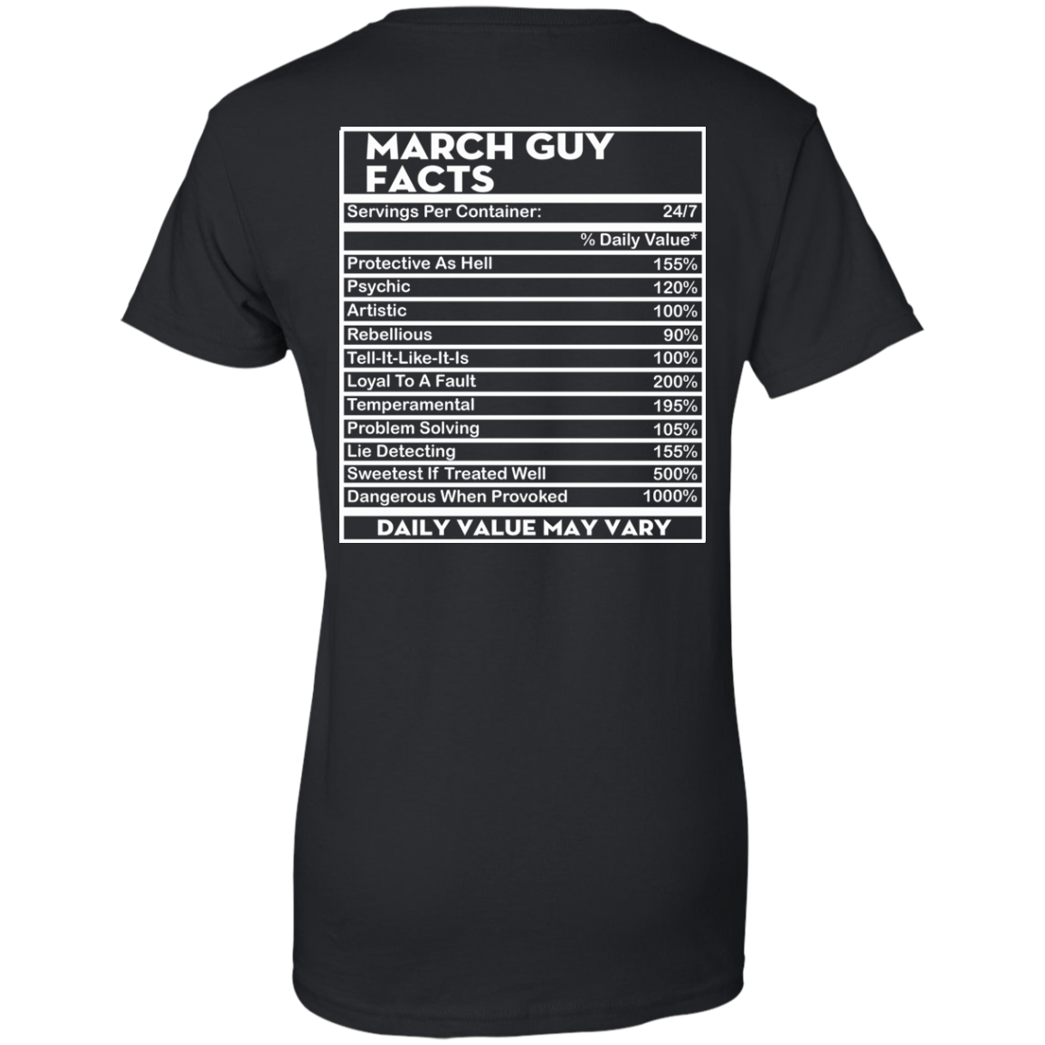 March Guy Facts - Servings Per Container 24/7 Shirt - Back Design - TeeDragons