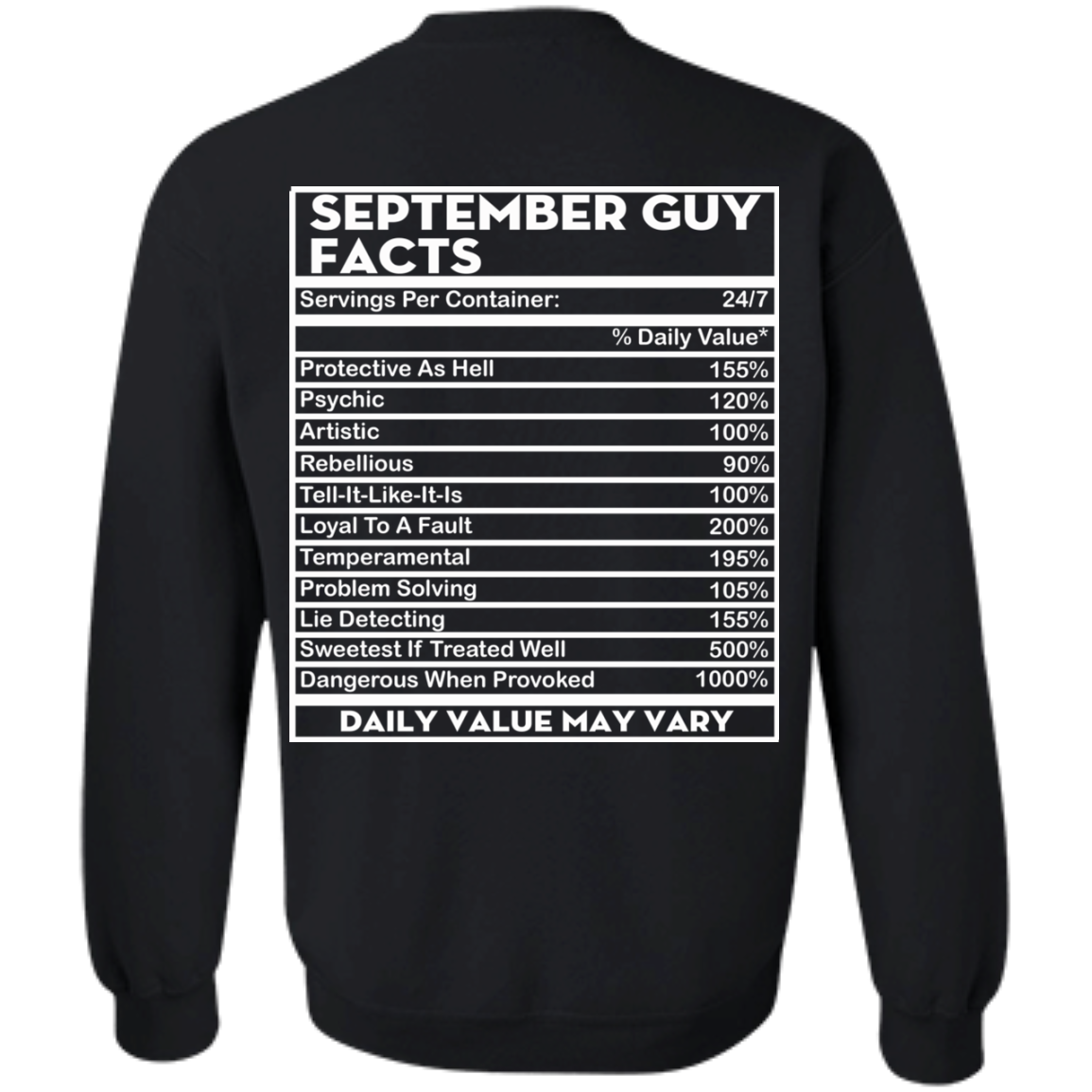 September Guy Facts - Servings Per Container 24/7 Shirt - Back Design - TeeDragons