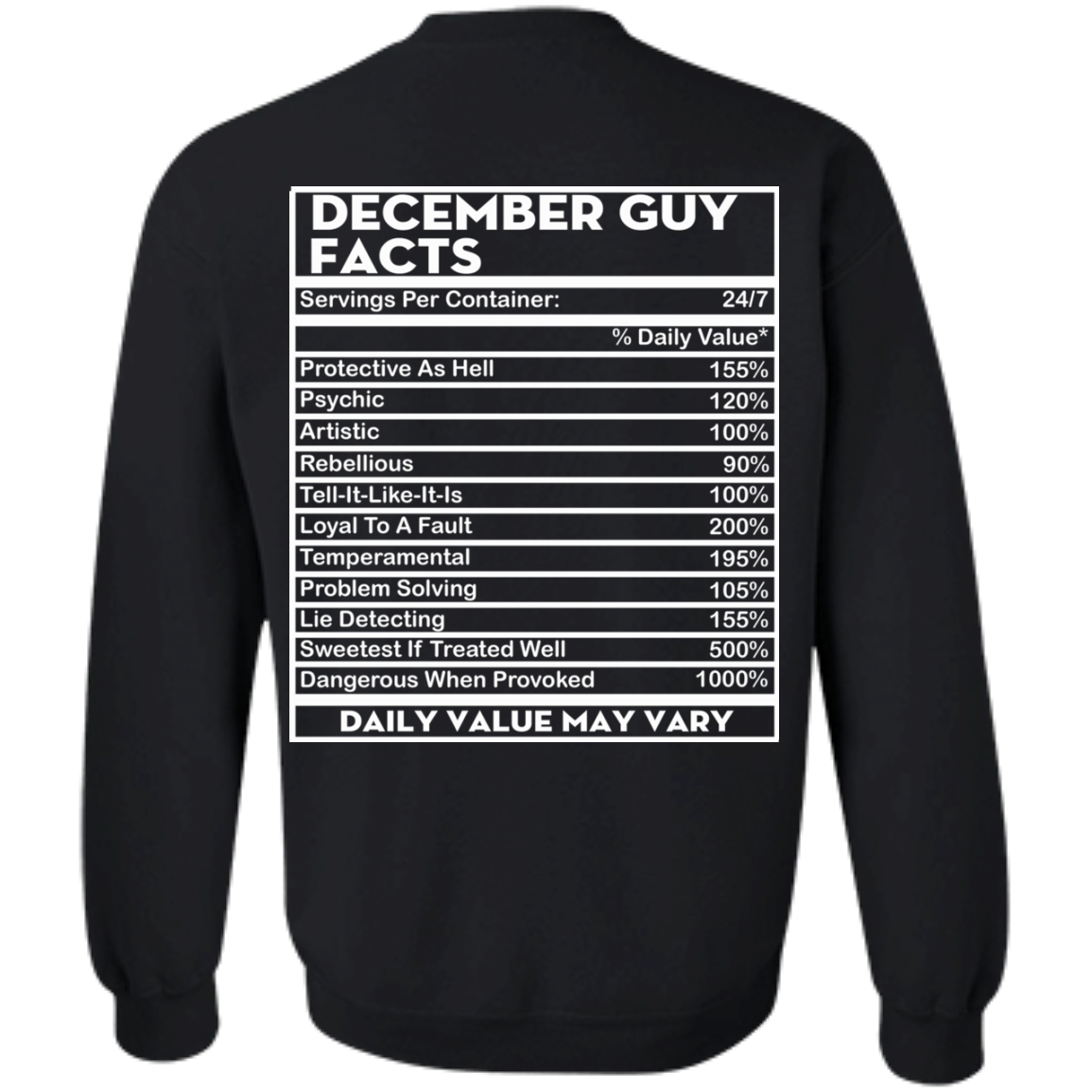 December Guy Facts - Servings Per Container 24/7 Shirt - Back Design - TeeDragons