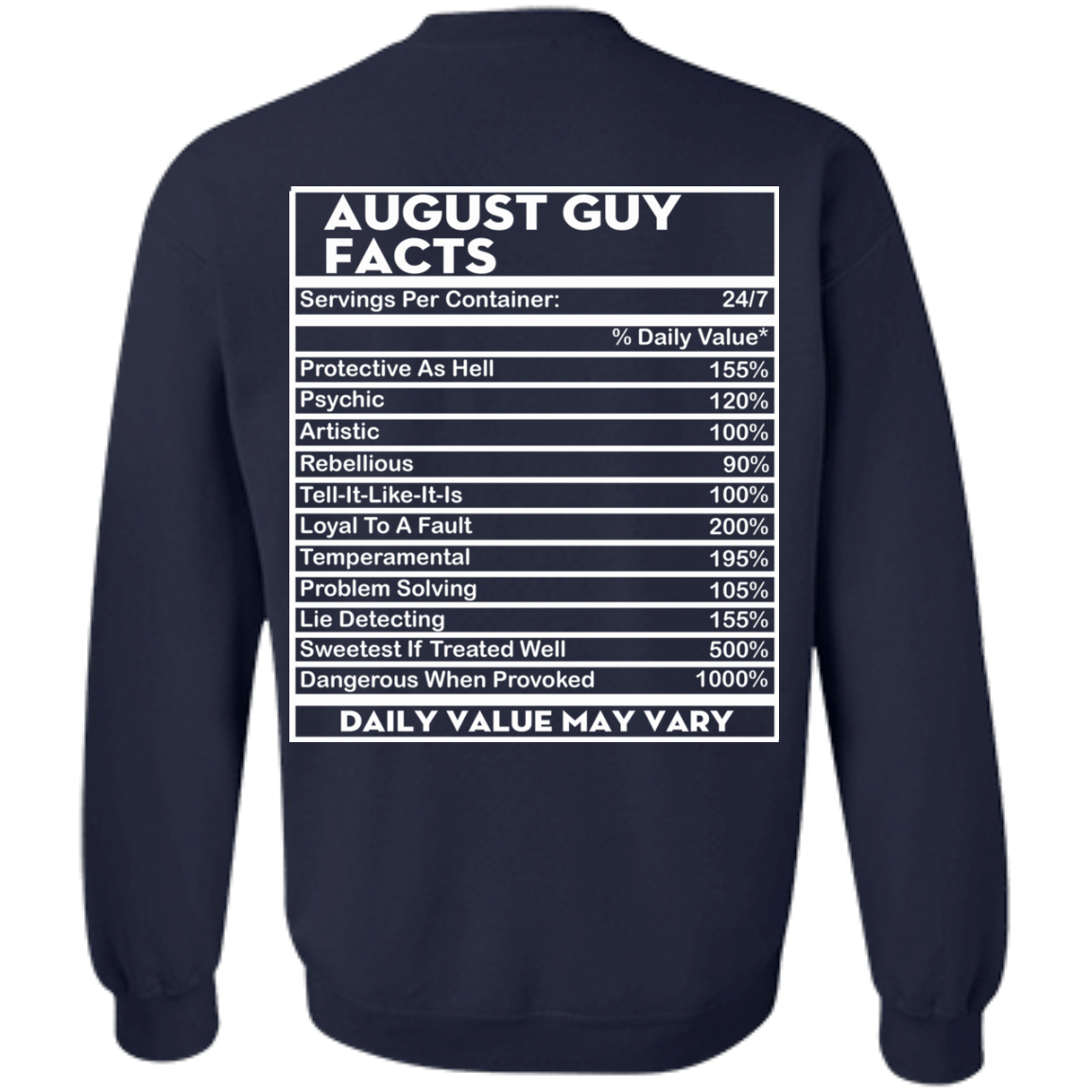 August Guy Facts - Servings Per Container 24/7 Shirt - Back Design - TeeDragons