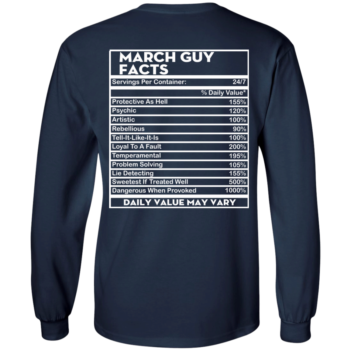 March Guy Facts - Servings Per Container 24/7 Shirt - Back Design - TeeDragons