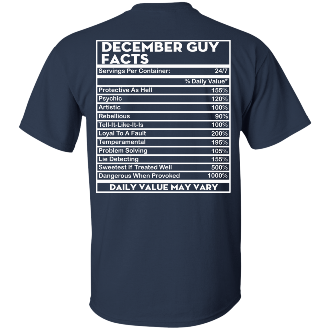 December Guy Facts - Servings Per Container 24/7 Shirt - Back Design - TeeDragons