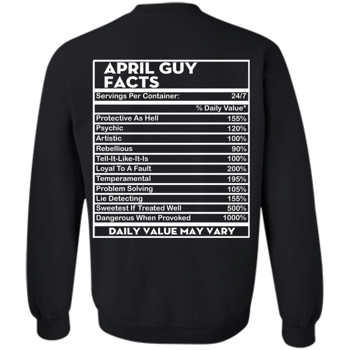 April Guy Facts - Servings Per Container 24/7 Shirt - Back Design - TeeDragons
