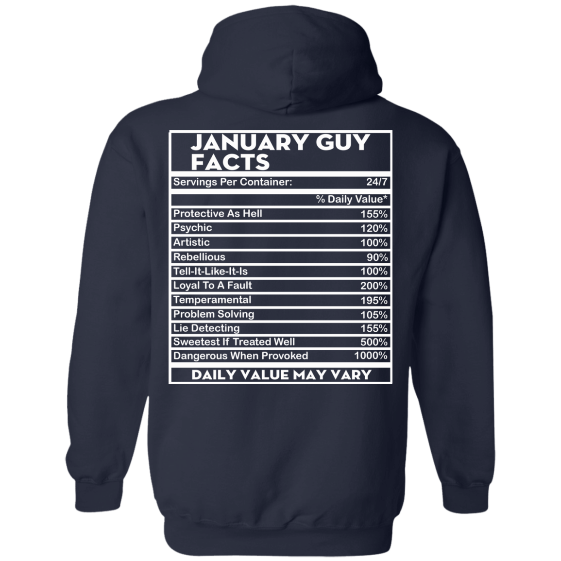 January Guy Facts - Servings Per Container 24/7 Shirt - Back Design - TeeDragons