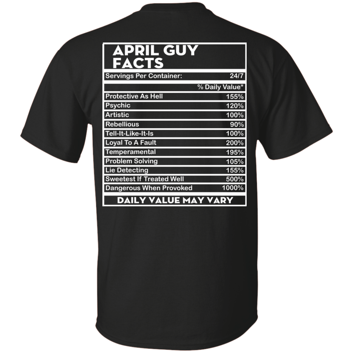 April Guy Facts - Servings Per Container 24/7 Shirt - Back Design - TeeDragons