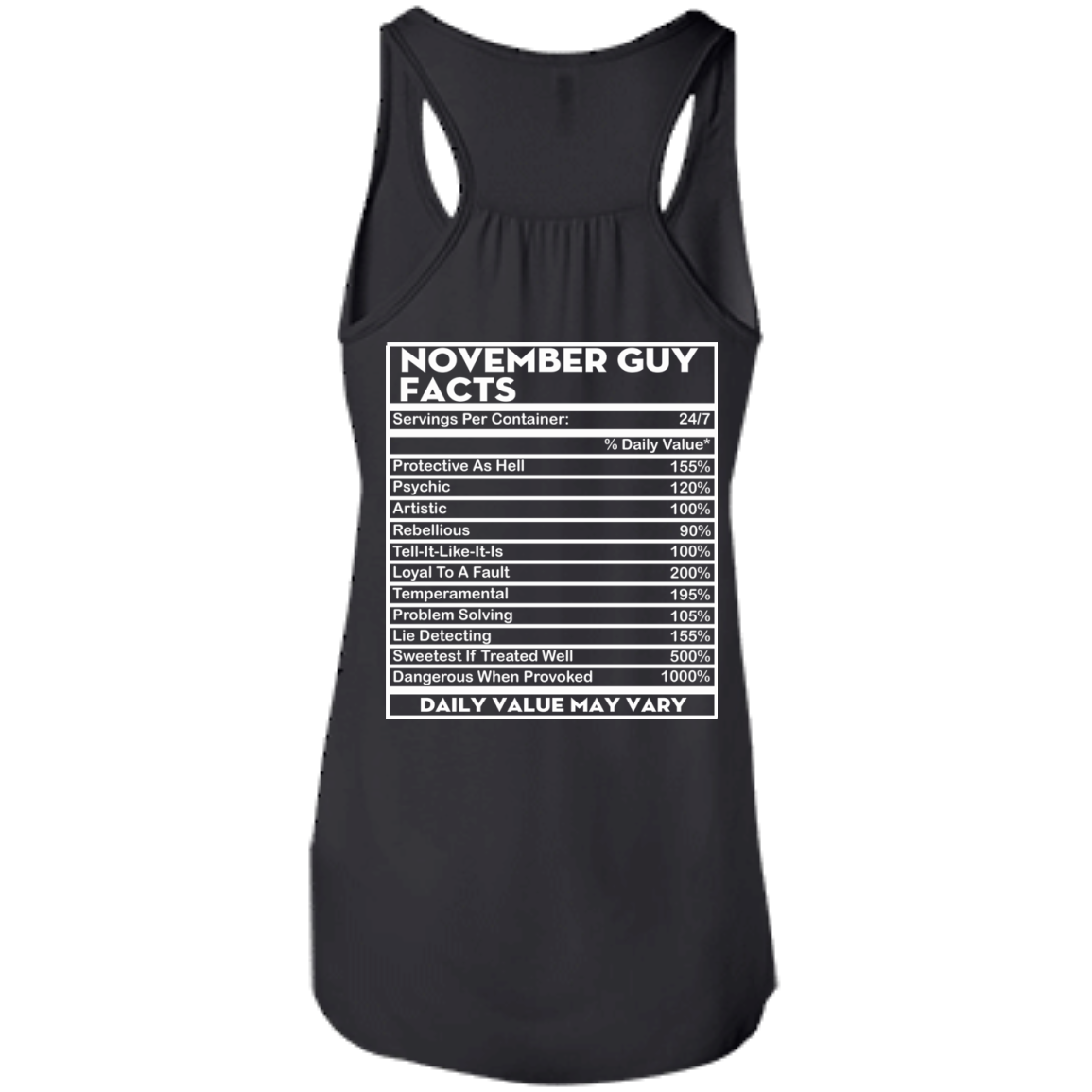 November Guy Facts - Servings Per Container 24/7 Shirt - Back Design - TeeDragons