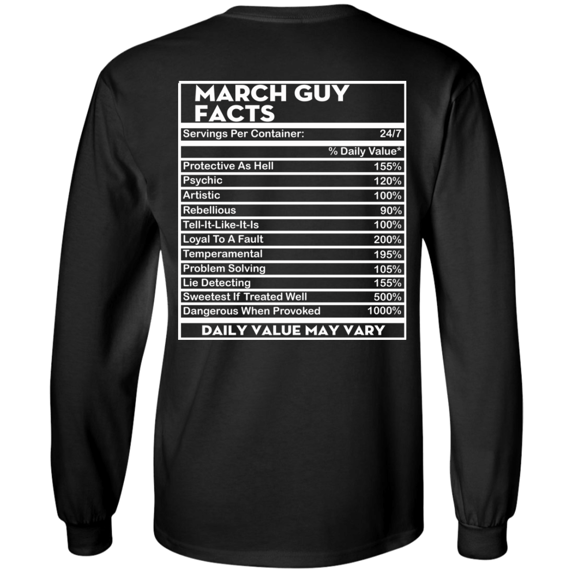 March Guy Facts - Servings Per Container 24/7 Shirt - Back Design - TeeDragons