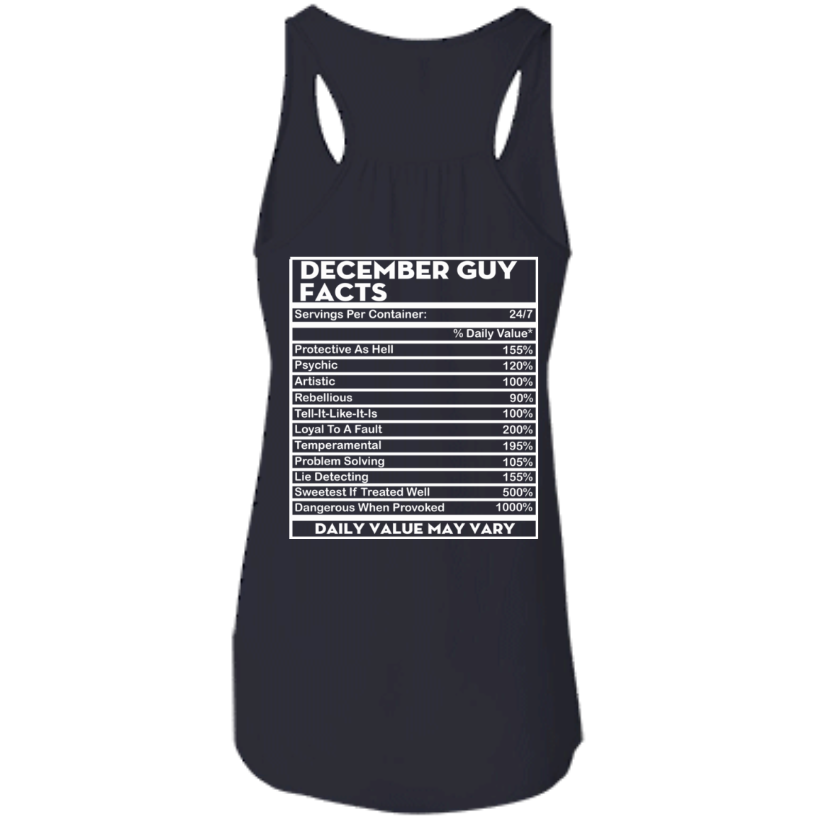 December Guy Facts - Servings Per Container 24/7 Shirt - Back Design - TeeDragons