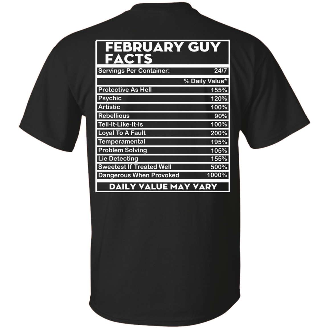 February Guy Facts - Servings Per Container 24/7 Shirt - Back Design - TeeDragons